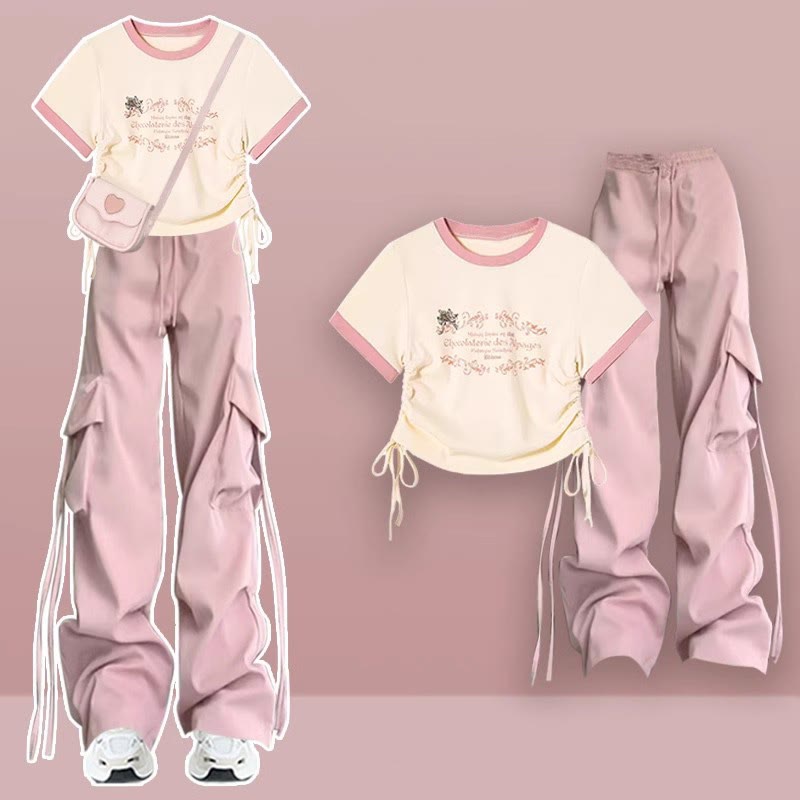 Cartoon Letter Pink Casual Shirt Cargo Pants modakawa