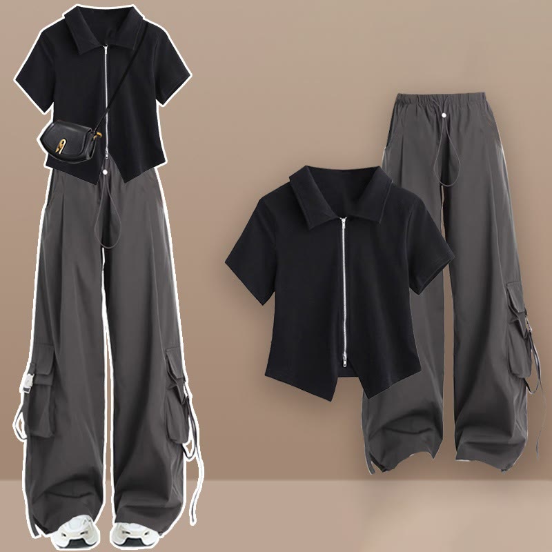 Casual Zipper Shirt Cargo Pants modakawa