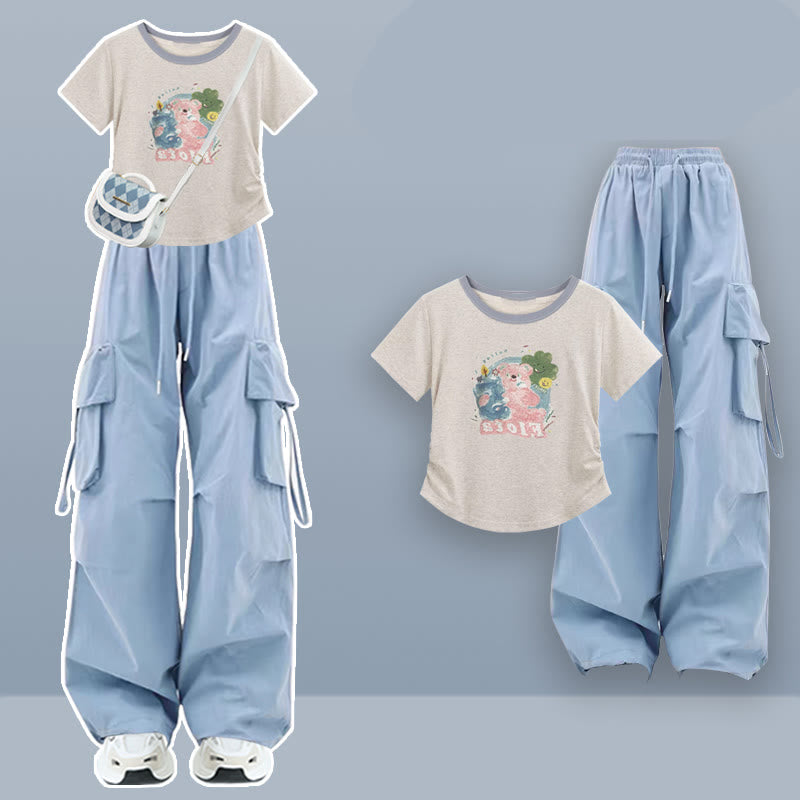 Cartoon Print Casual T-Shirt Blue Cargo Pants modakawa