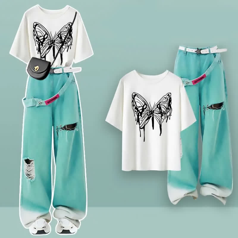 Cartoon Print Casual T-shirt Green Ripped Pants modakawa