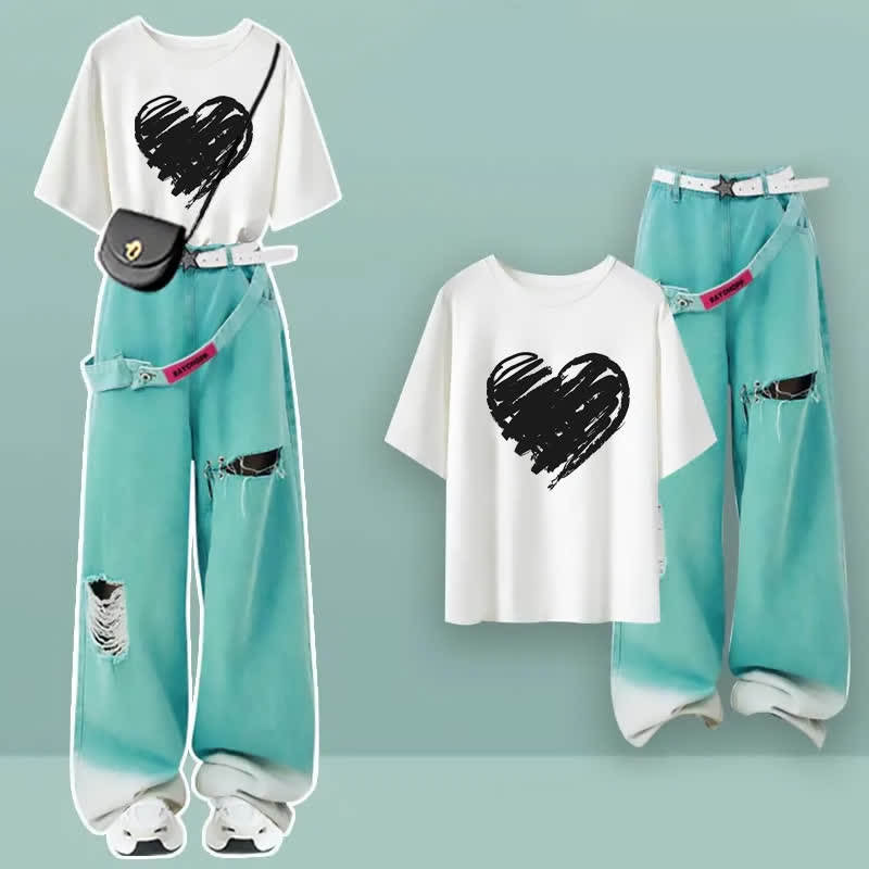 Cartoon Print Casual T-shirt Green Ripped Pants modakawa