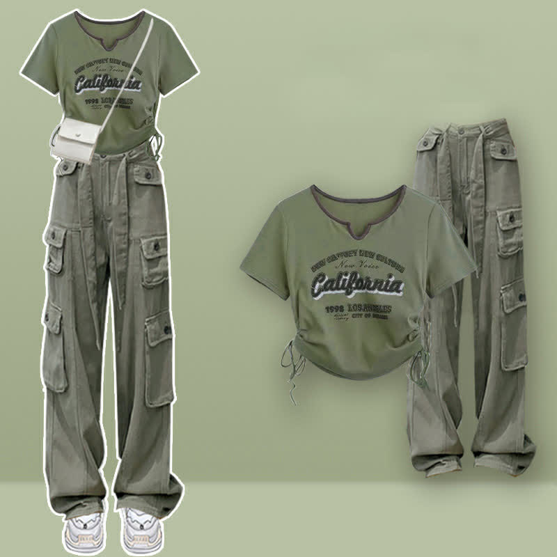 Casual Letter Print Drawstring Crop Top T-Shirt Pocketed Cargo Pants modakawa