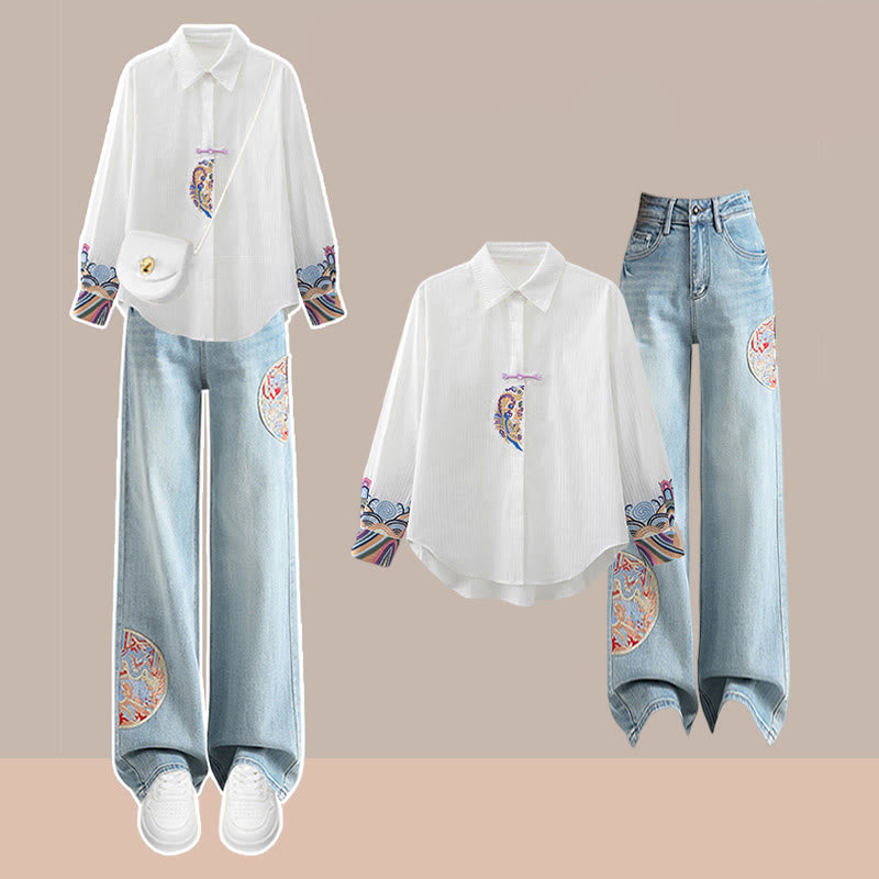 Vintage Embroidery Lapel Shirt Denim Pants modakawa