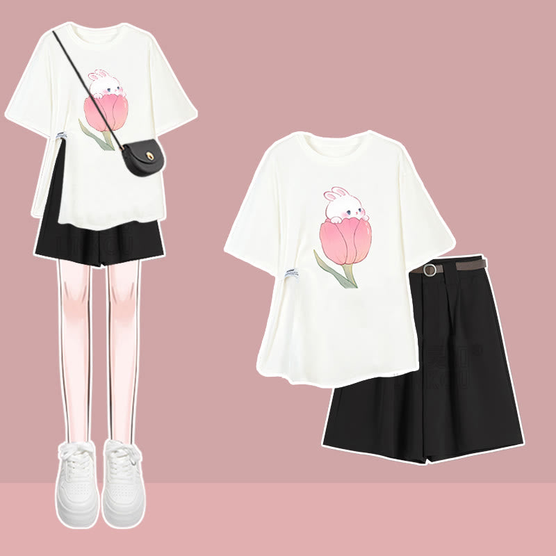 Cartoon Bunny Print T-Shirt Set modakawa