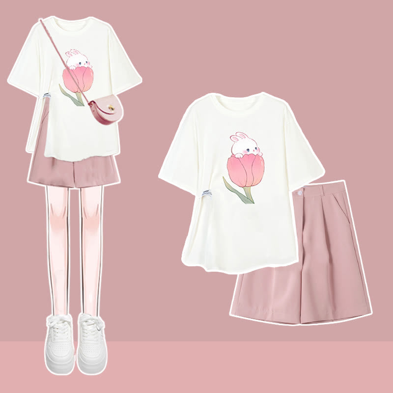 Cartoon Bunny Print T-Shirt Set modakawa