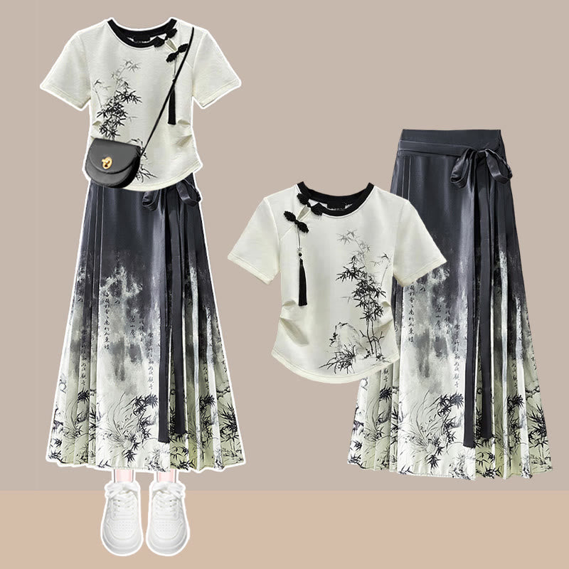 Vintage Bamboo Print Tassels T-Shirt Pleated Skirt modakawa