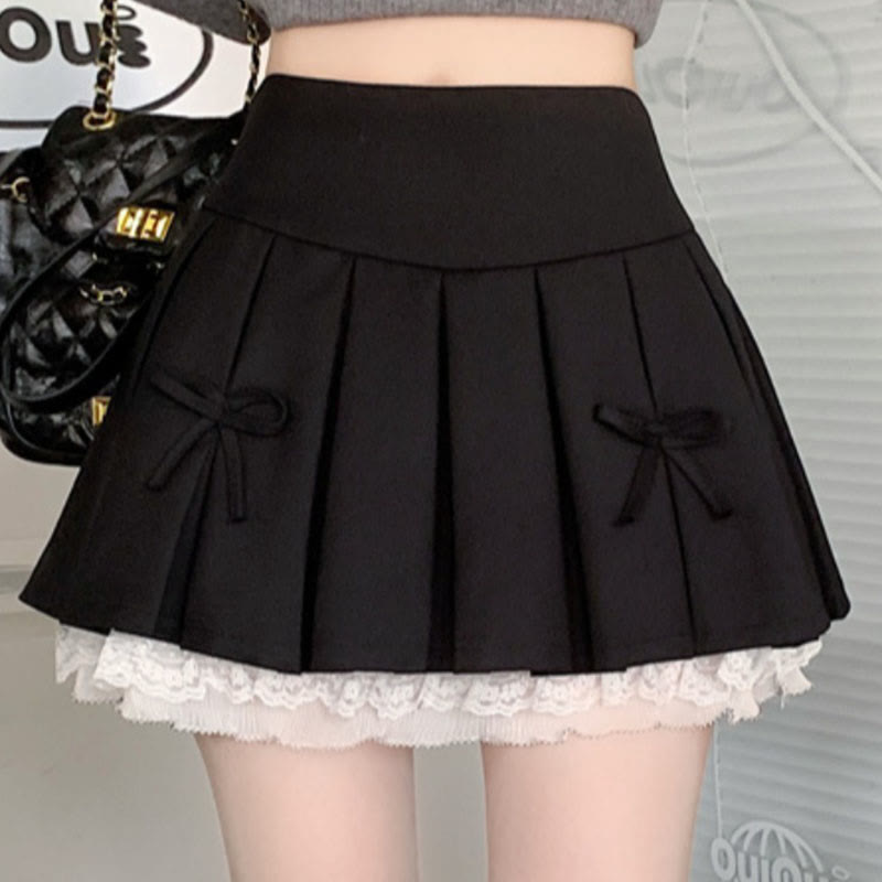 Bow Lace Slim High Waist Pleated Skirt modakawa