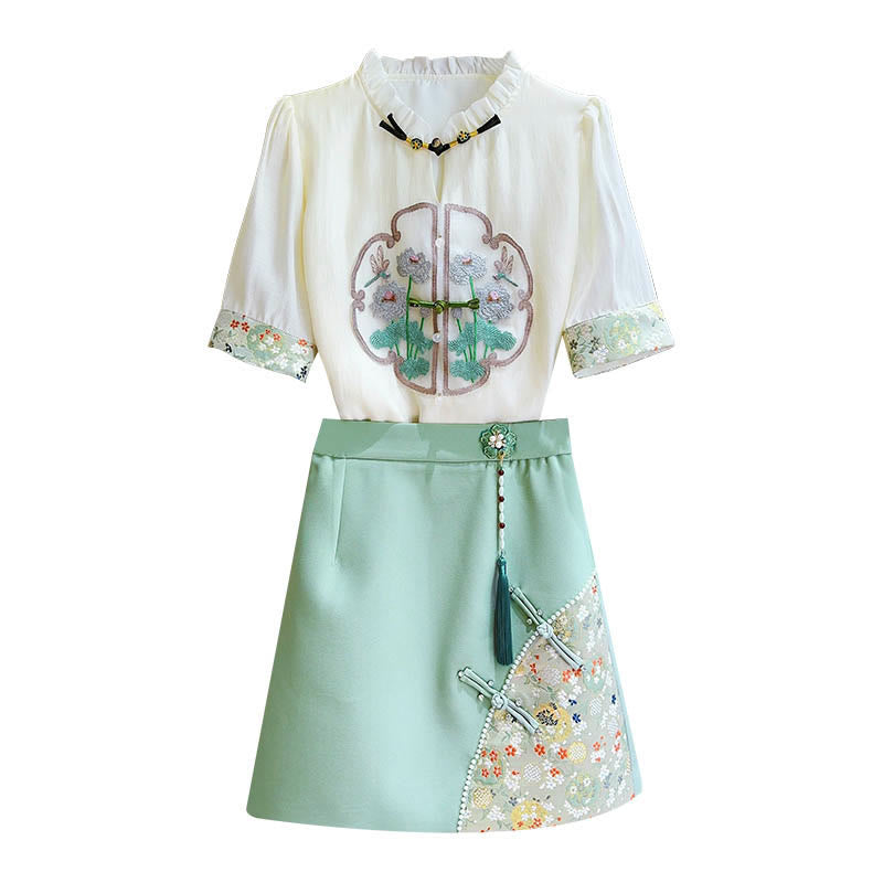 Vintage Embroidery Shirt Flower Skirt Set modakawa