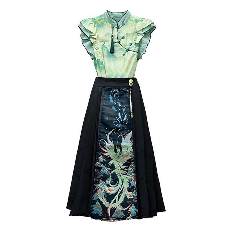 High Waist Phoenix Print Long Skirt Set modakawa