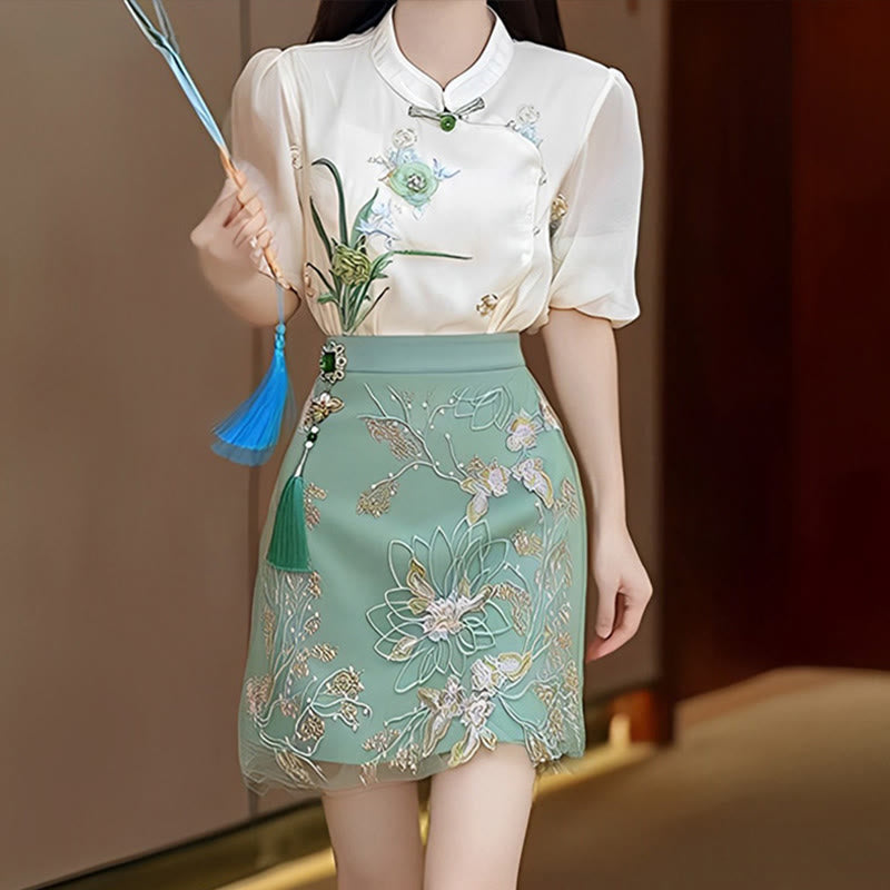 Green Floral Embroidery Shirt Skirt Set modakawa