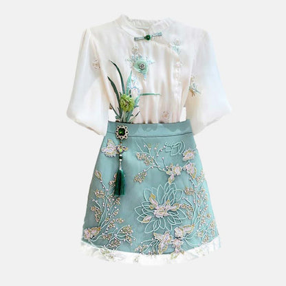 Green Floral Embroidery Shirt Skirt Set modakawa