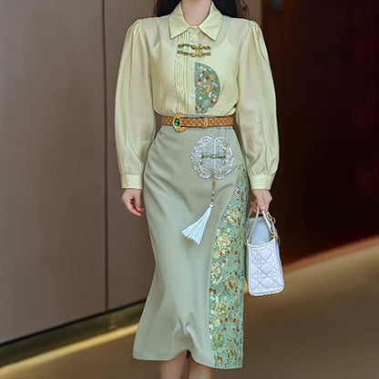 Embroidery Long Sleeve Shirt Splicing Long Skirt Set modakawa