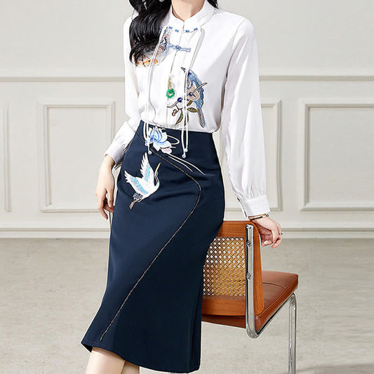 Elegant Floral Tassel Shirt Bird Print Skirt Set modakawa