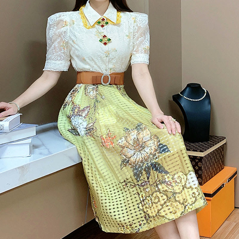 Lace Lapel Shirt Floral Embroidery Skirt Set modakawa