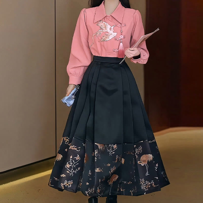 Pink Crane Embroidery Shirt High Waist Skirt Set modakawa