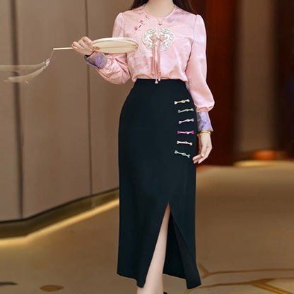 Pink Round Neck Shirt Slit Skirt Set modakawa