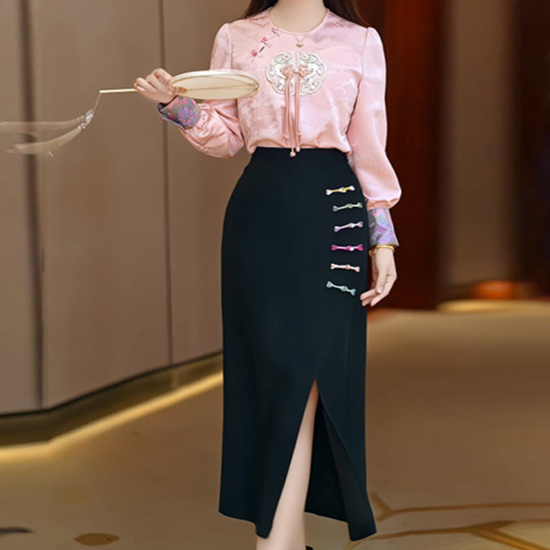 Pink Floral Embroidery Round Neck Shirt Slit Skirt Set modakawa