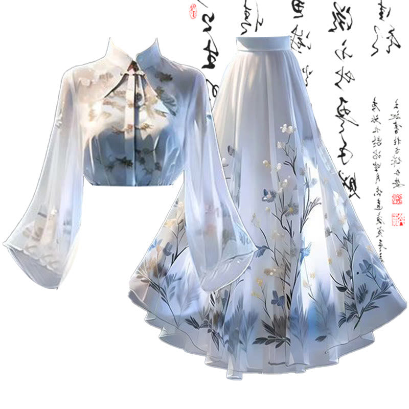 Traditional Flower Print Long Sleeve Shirt Skirt modakawa