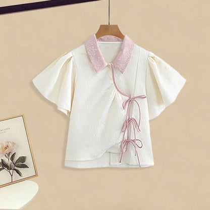 Flower V-neck Shirt with Bird Print Pleated Skirt modakawa