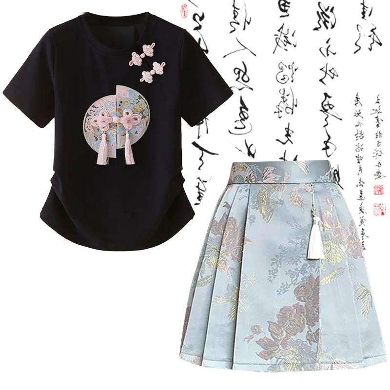 Sweet Print T-Shirt High Waist Pleated Skirt modakawa