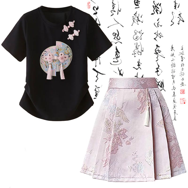 Sweet Print T-Shirt High Waist Pleated Skirt modakawa