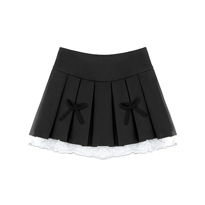 Bow Lace Slim High Waist Pleated Skirt modakawa