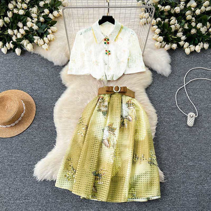 Sweet Lace Lapel Shirt Floral Embroidery Skirt Set modakawa