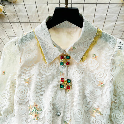 Sweet Lace Lapel Shirt Floral Embroidery Skirt Set modakawa