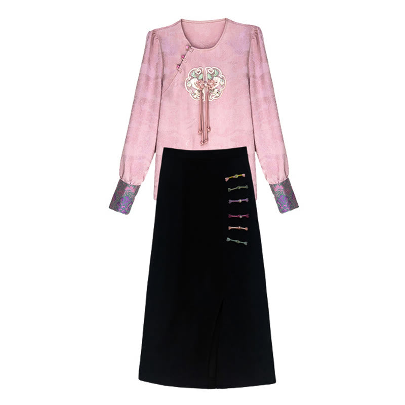 Pink Round Neck Shirt Slit Skirt Set modakawa