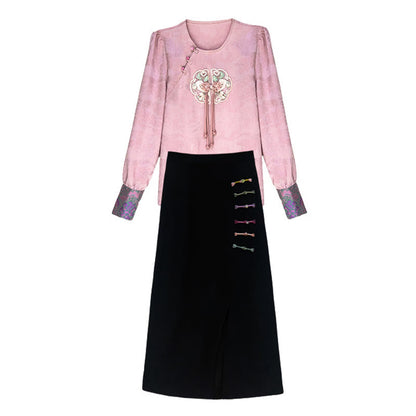 Pink Floral Embroidery Round Neck Shirt Slit Skirt Set modakawa