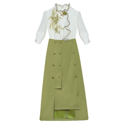 Green Embroidery Shirt Irregular Skirt Set modakawa