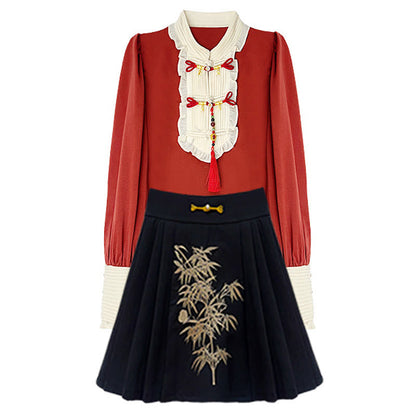 Red Tassel Shirt Bamboo Print Skirt Set modakawa