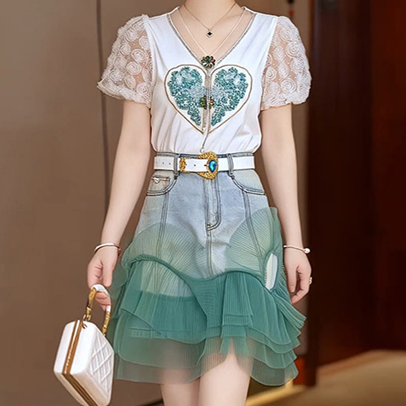 V-neck Heart Print Shirt Denim Skirt modakawa