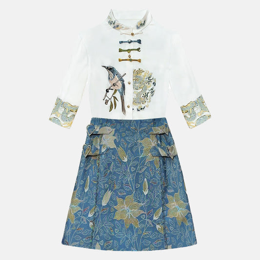 Bird Shirt Blossom Print Skirt Set modakawa