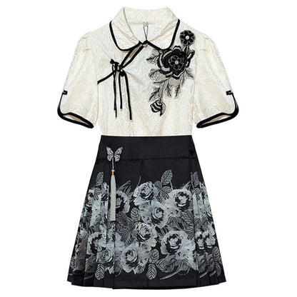 Blossom Shirt Black Flower Print Skirt Set modakawa