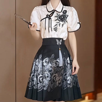 Blossom Shirt Black Flower Print Skirt Set modakawa