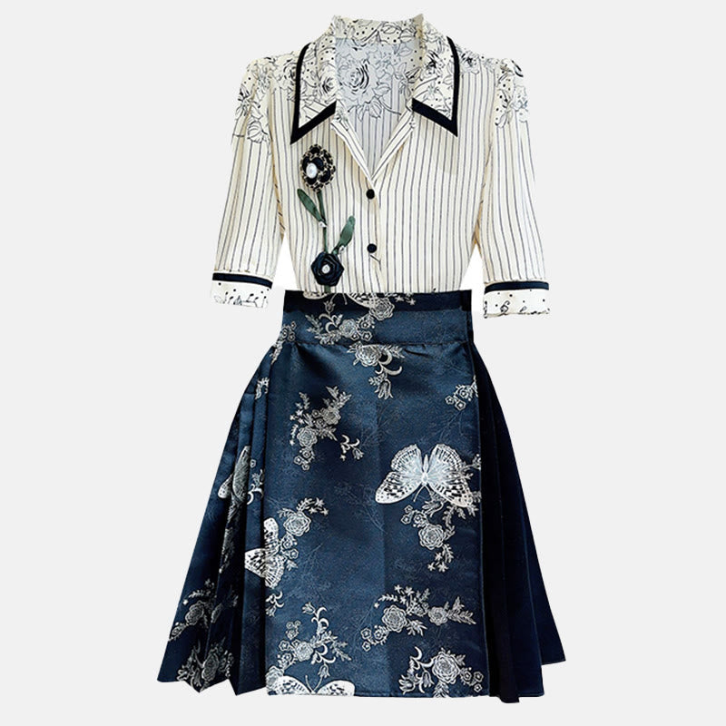 Flower Stripe Shirt Butterfly Print Skirt Set modakawa