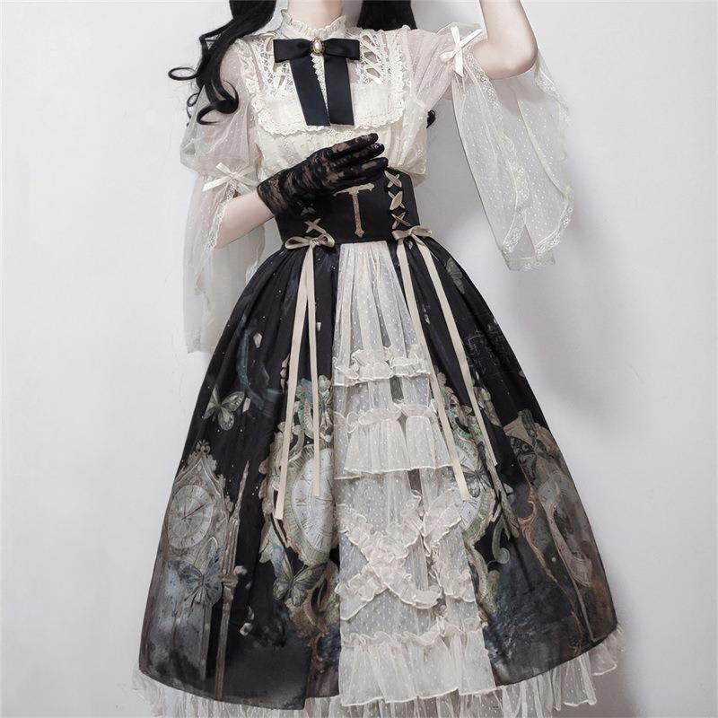 Lolita Elegant Bowknot Lace Shirt Clock Print High Waist Skirt modakawa