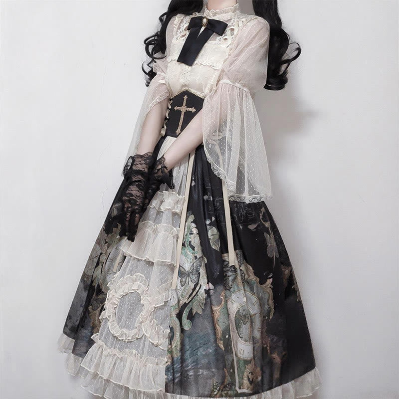 Lolita Elegant Bowknot Lace Shirt Clock Print High Waist Skirt modakawa