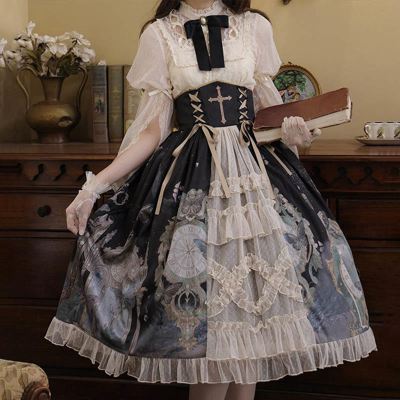 Lolita Elegant Bowknot Lace Shirt Clock Print High Waist Skirt modakawa