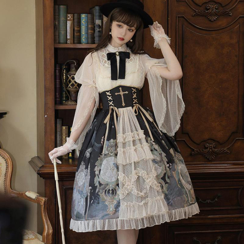 Lolita Elegant Bowknot Lace Shirt Clock Print High Waist Skirt modakawa