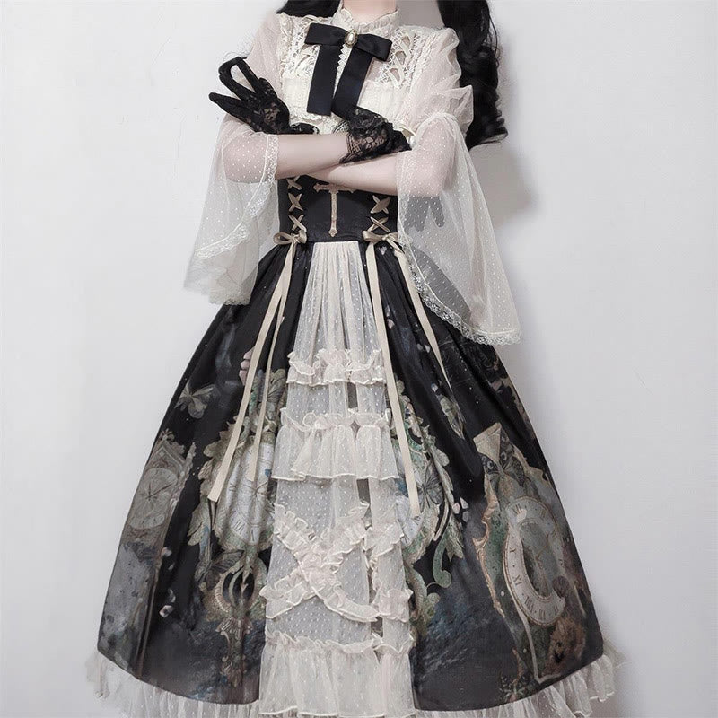 Lolita Elegant Bowknot Lace Shirt Clock Print High Waist Skirt modakawa