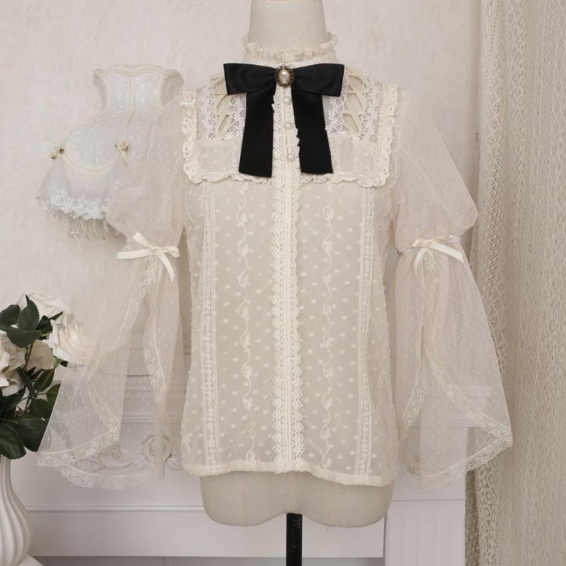 Lolita Elegant Bowknot Lace Shirt Clock Print High Waist Skirt modakawa