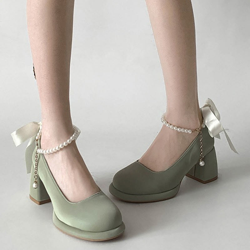 Pearl Buckle Thick Heel Mary Jane Shoes modakawa