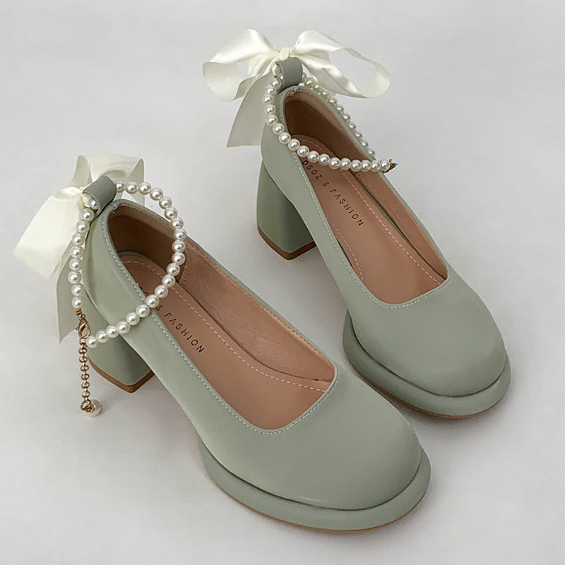 Pearl Buckle Thick Heel Mary Jane Shoes modakawa