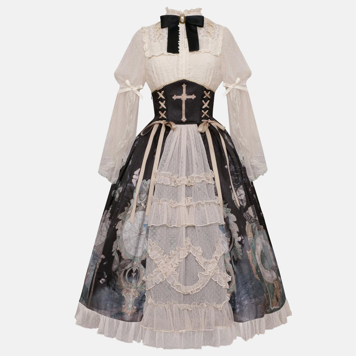 Lolita Elegant Bowknot Lace Shirt Clock Print High Waist Skirt modakawa