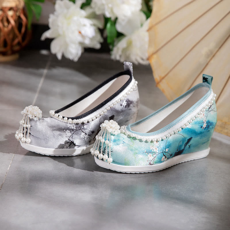 Tie-dye Floral Print Pearl Decor Shoes modakawa