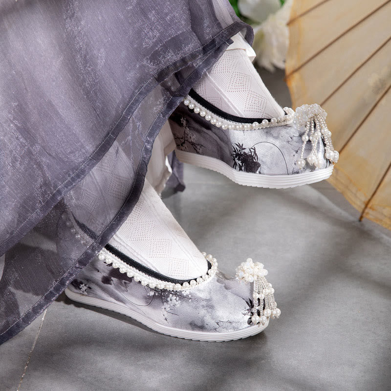 Tie-dye Floral Print Pearl Decor Shoes modakawa