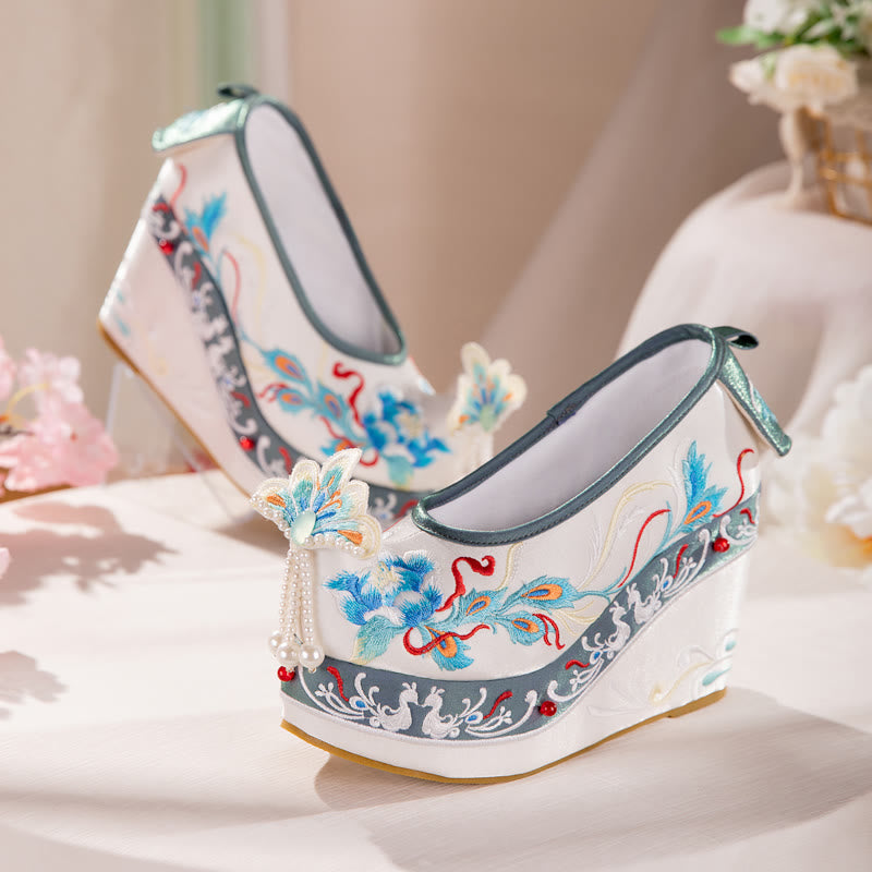 Flower Embroidery Butterfly Pearl Decor Wedge Shoes modakawa