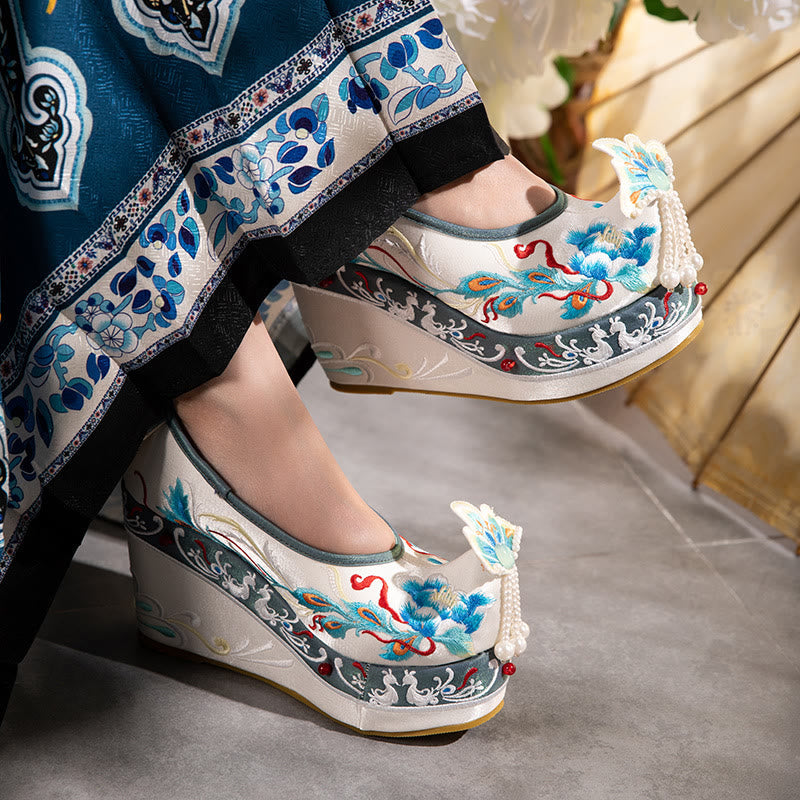 Flower Embroidery Butterfly Pearl Decor Wedge Shoes modakawa